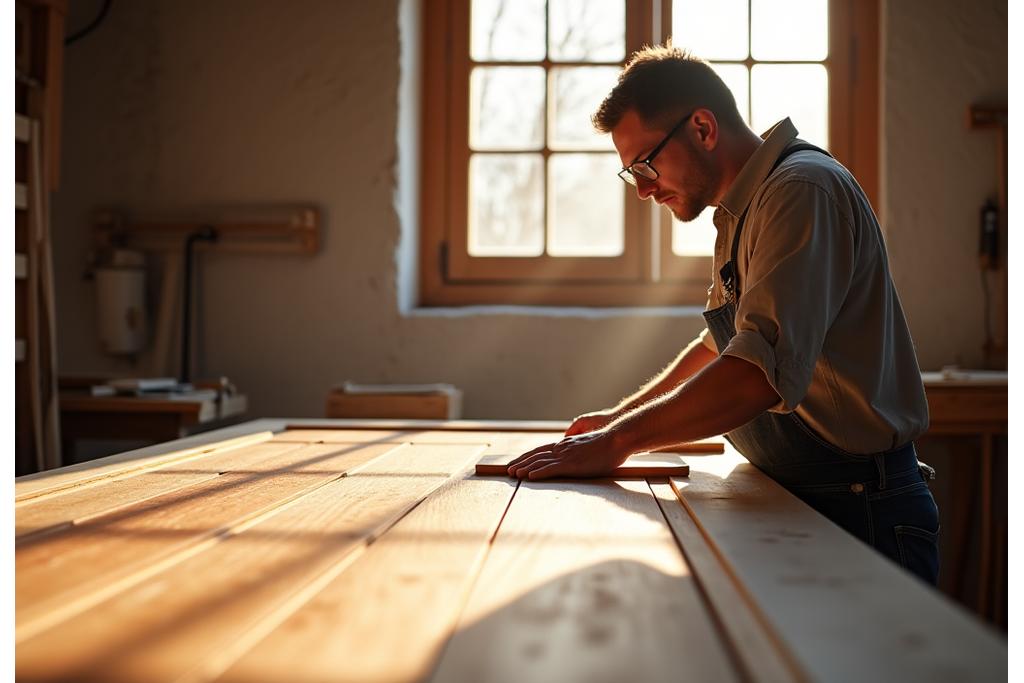 Artisan working on a wooden door in a sunlit workshop, symbolizing dedication and detailed craftsmanship, with emphasis on natural wood tones.